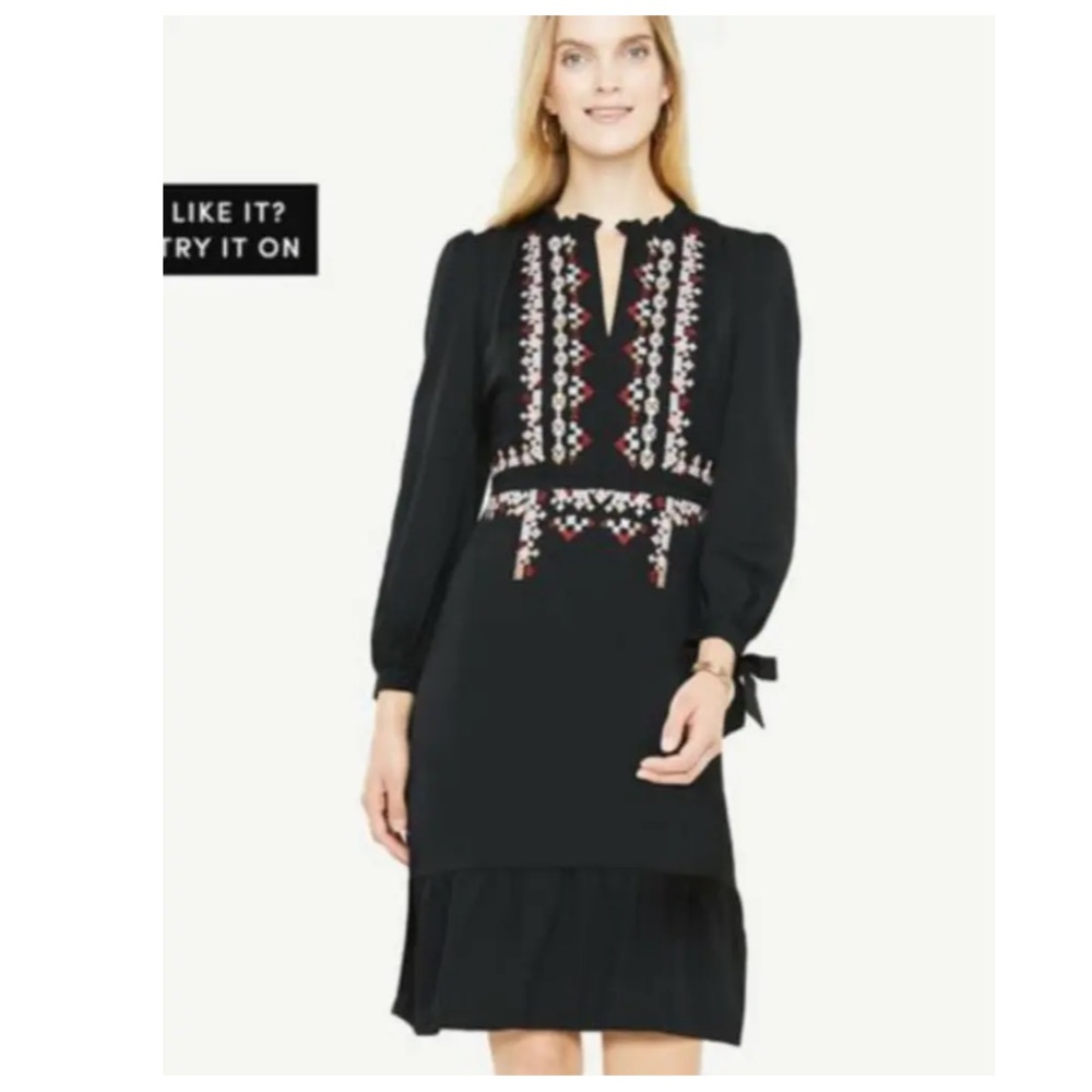 Ann Taylor Petite 00P Black Flowy Dress with Geometric Embroidery - Picture 2 of 14